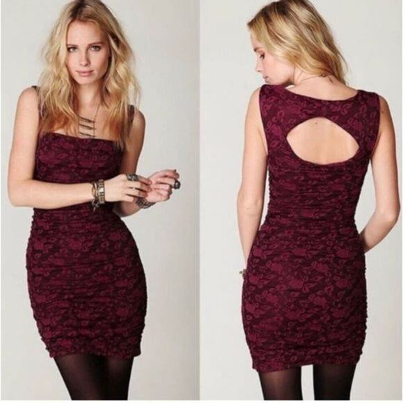 NWOT Free People Women's Burgundy Red Ruched Floral Bodycon Mini Dress Size XS - Picture 1 of 6
